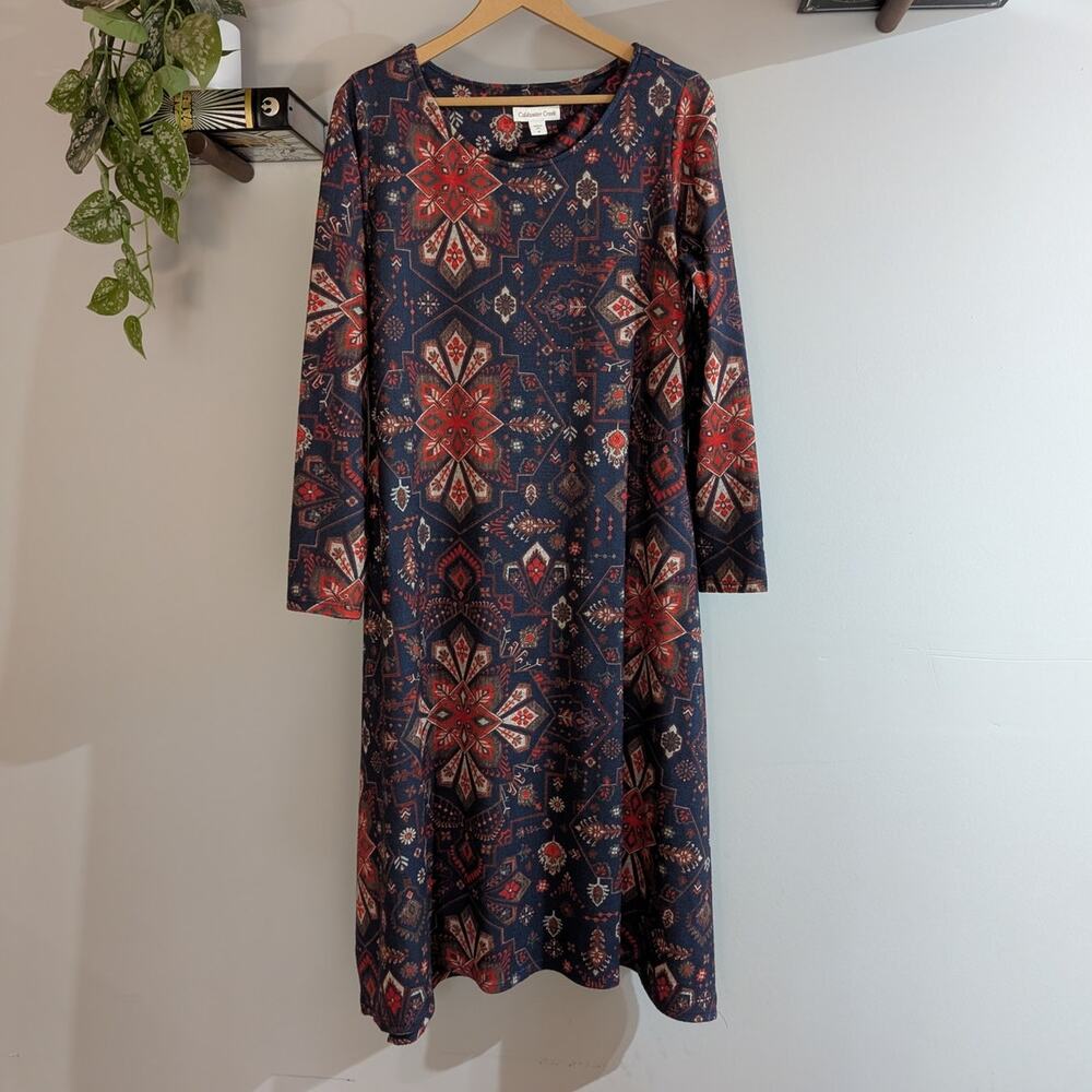 Coldwater Creek Navy Red Geometric Floral Knit Midi Dress Long Sleeve M